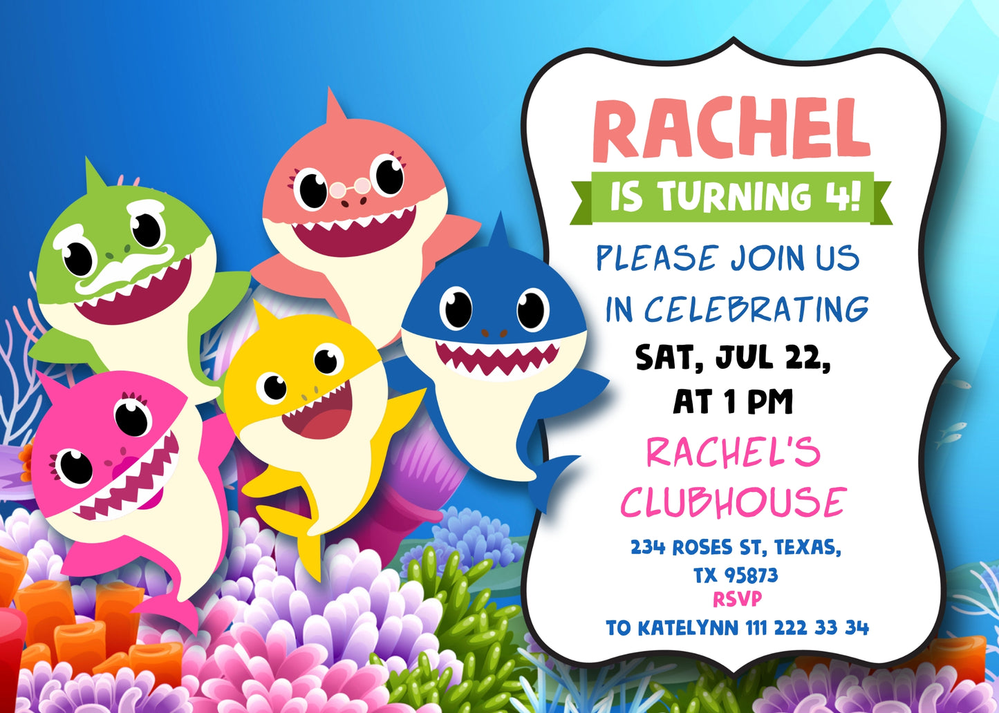 Baby Shark customizable invite template girl | instant download | Share or Print | TG302