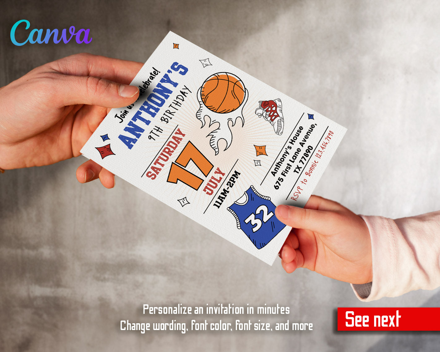 Basketball NBA Slam Dunk  customizable invitation template | Share or Print | boy | TH175