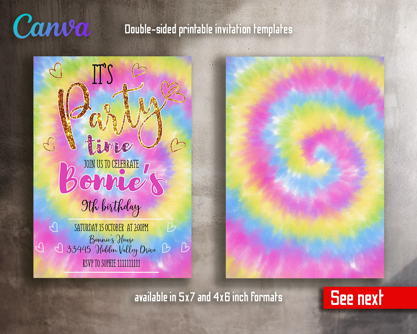 Play, Tie Die Rainbow Party customizable invitation template | Share or Print |  | TE478