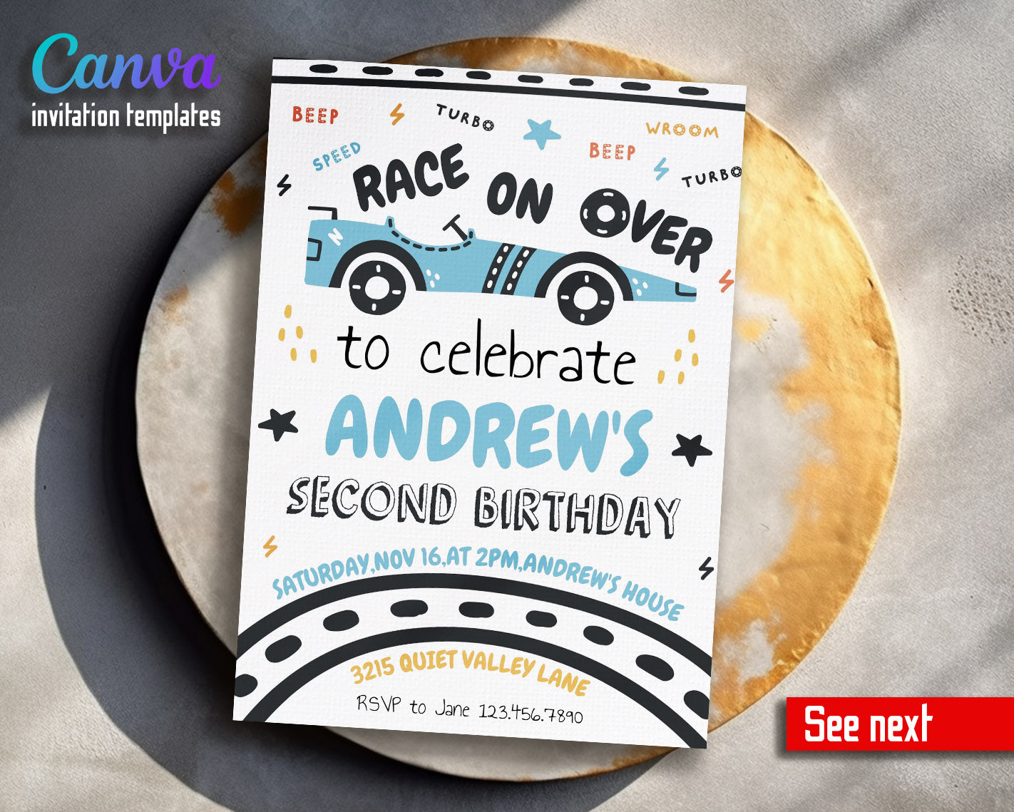 Race Car 2nd Bday Watercolor customizable invitation template | Share or Print | boy | AG186