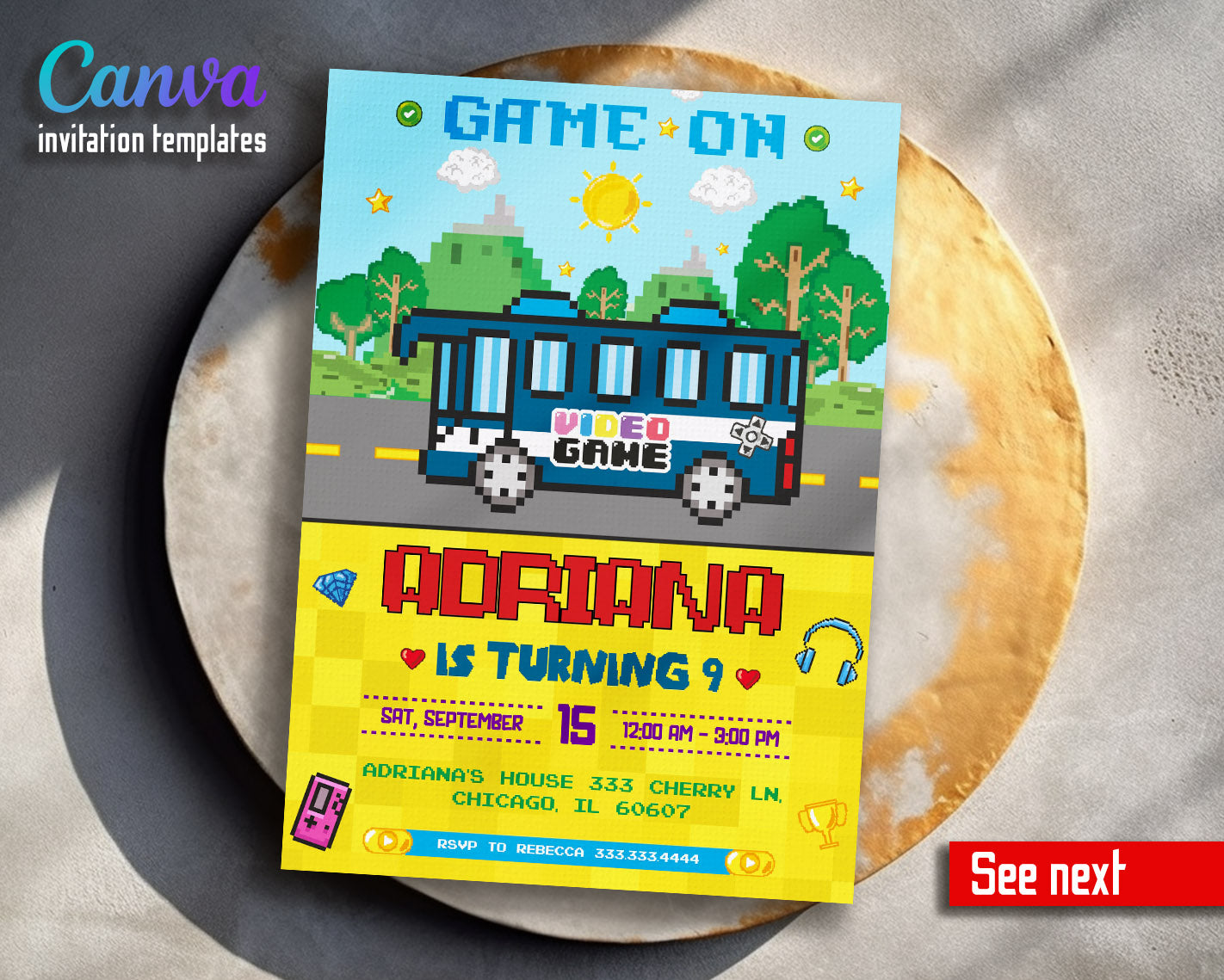 Video Game Bus Gamer customizable invitation template | Share or Print | boy | WA026