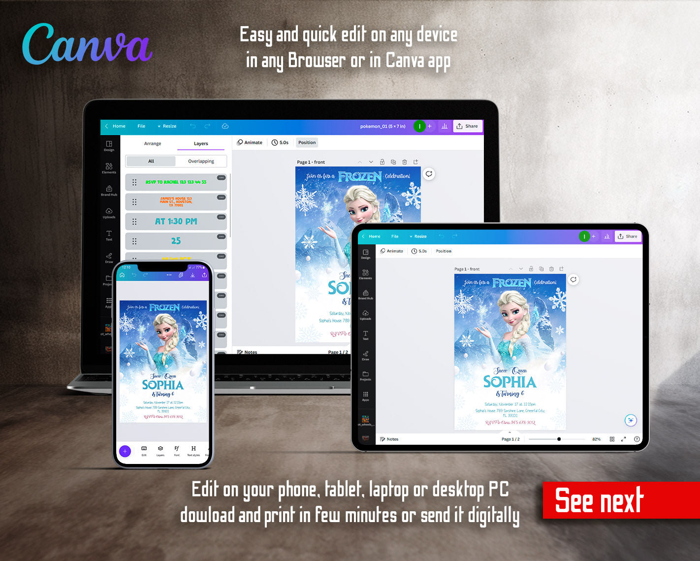 Frozen Elsa  customizable invitation template | Share or Print | girl | DJ878