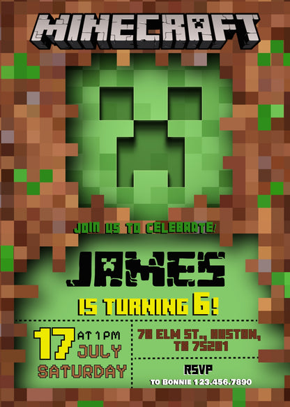 Minecraft Gamer customizable invitation template | Share or Print | | HR856