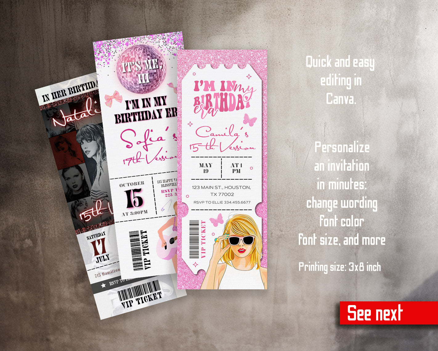 Taylor Swift Eras Tour Ticket customizable invitation template | Share or Print | girl | HT805