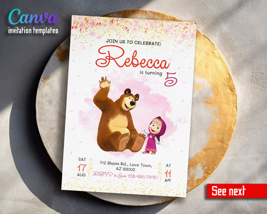 Masha and the Bear customizable invitation template | Share or Print |  | LU201