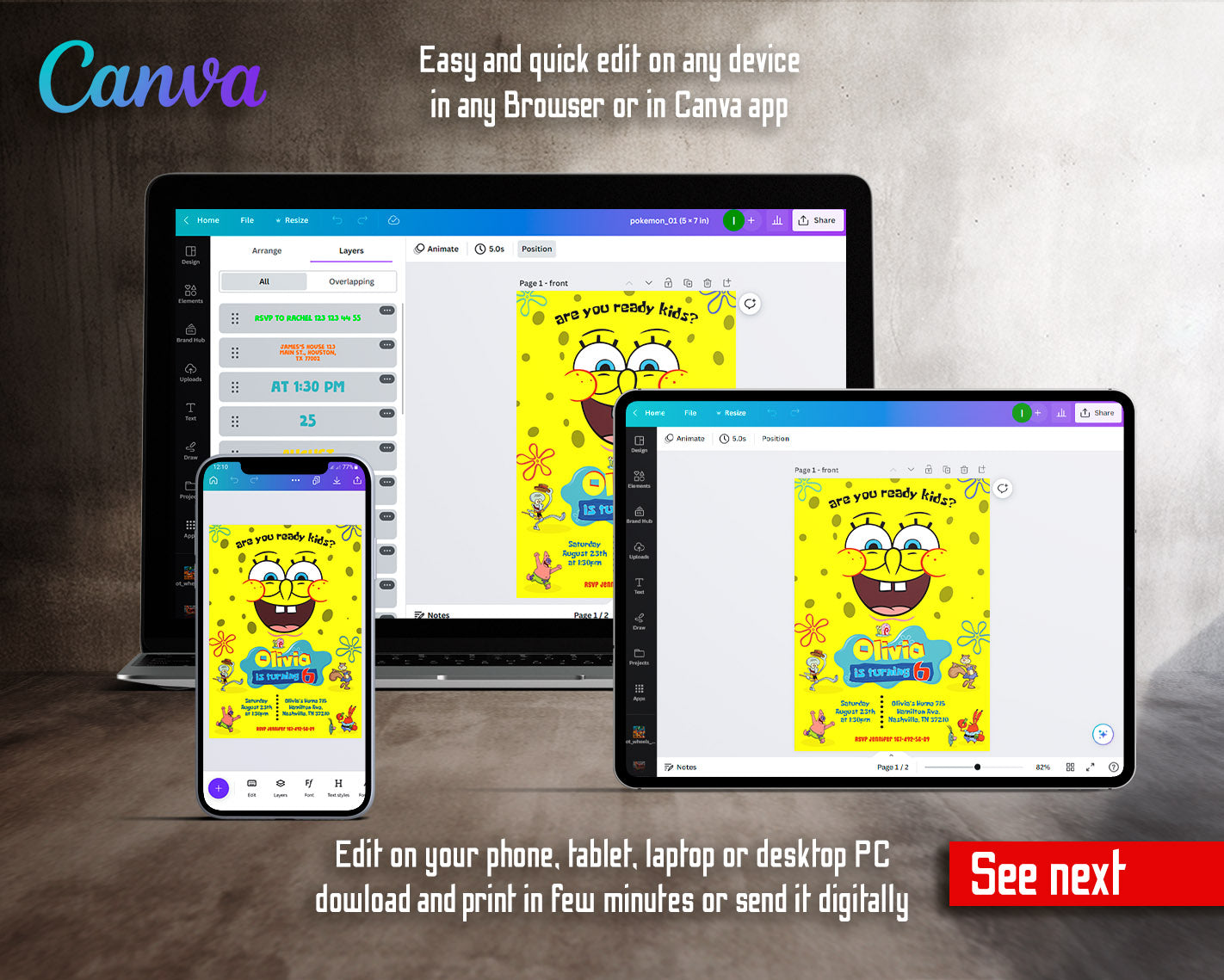 SpongeBob SquarePant customizable invitation template | Share or Print |  | FP128