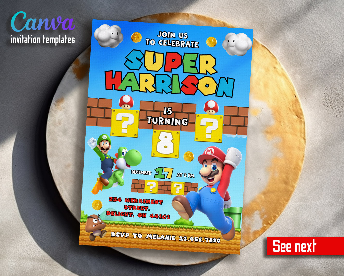 Super Mario Bros  customizable invitation template | Share or Print |  | VE084