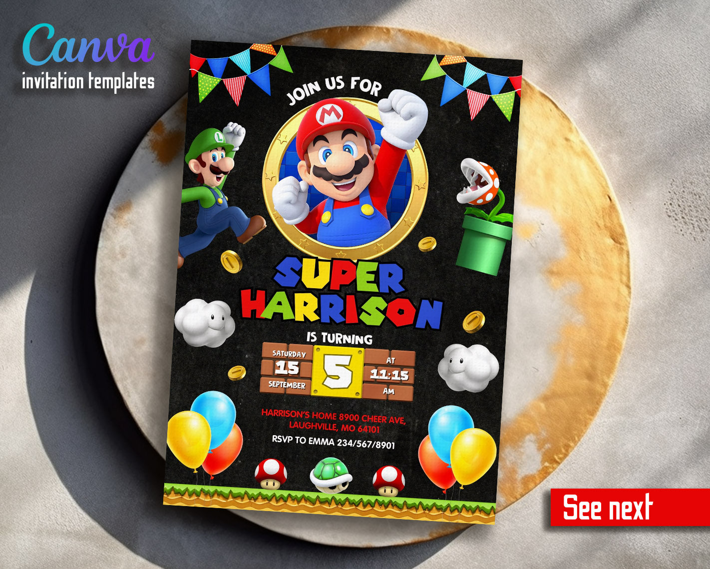 Super Mario Bros  customizable invitation template | Share or Print |  | UV801