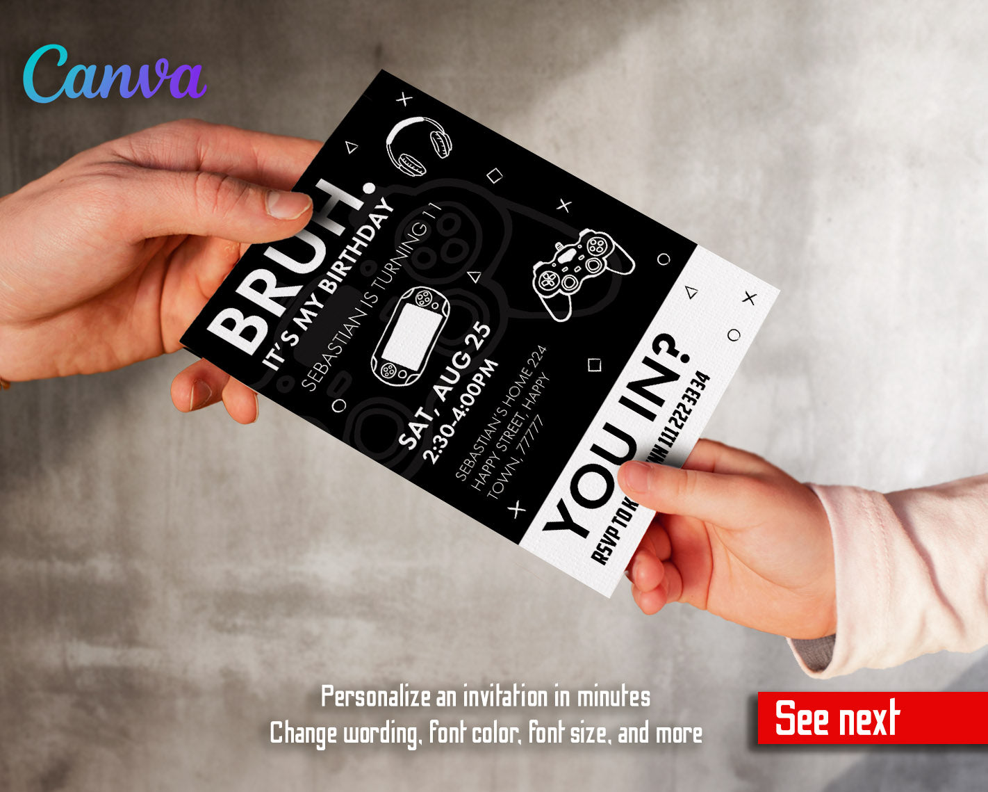 Bruh Gamer customizable invitation template | Share or Print | boy | XV341