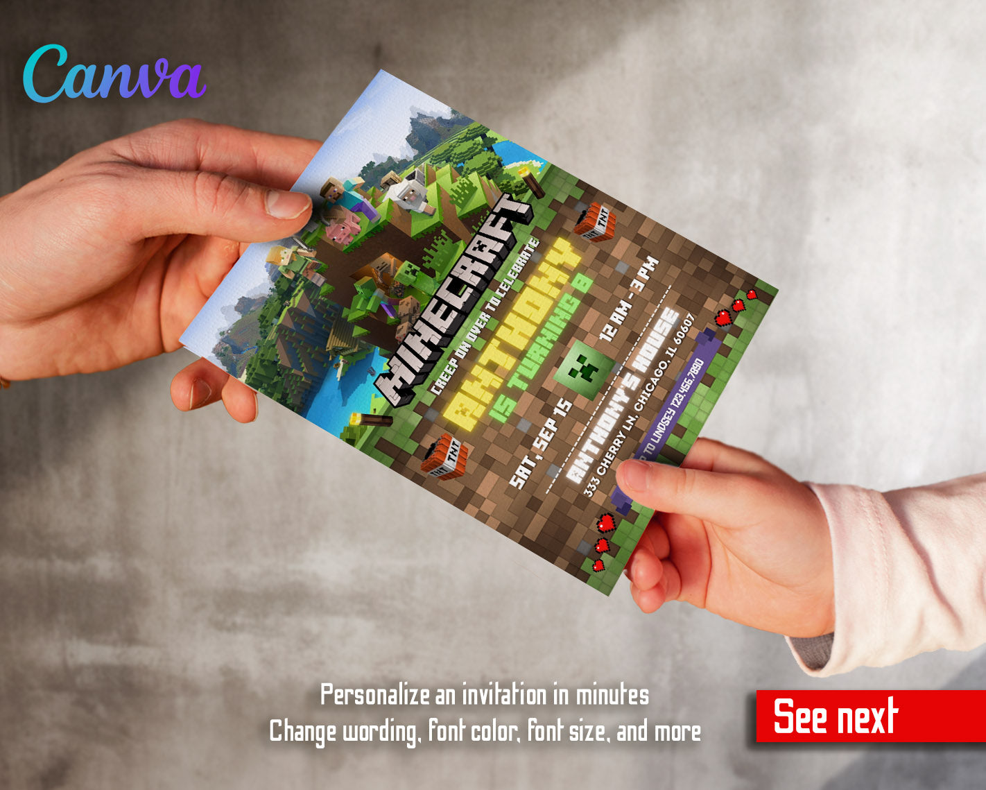 Minecraft Gamer customizable invitation template | Share or Print | | JE718