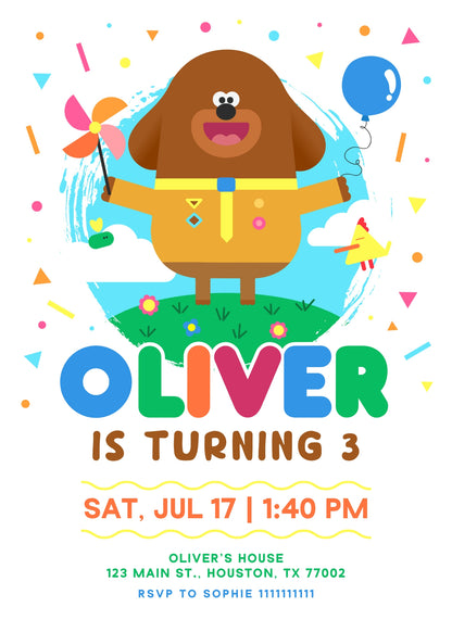 Hey Duggee customizable invitation template | Share or Print |  | OP824