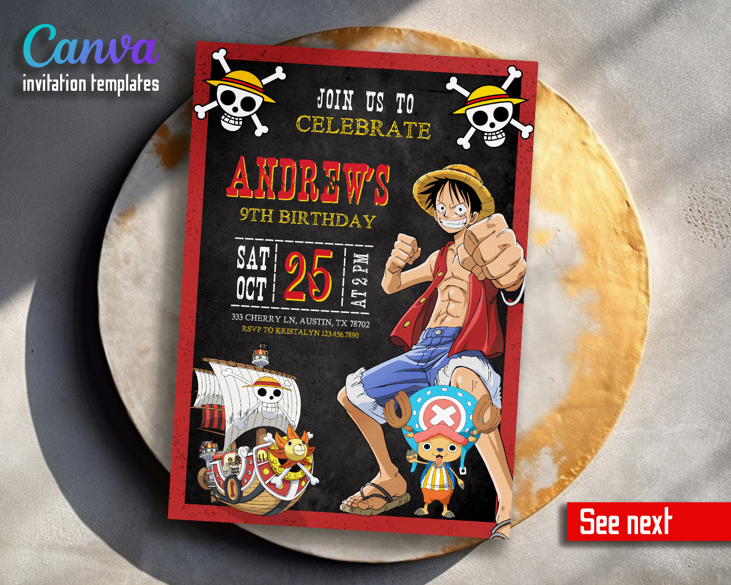 One Piece Monkey D.Luffy Anime customizable invitation template | Share or Print | | QH982