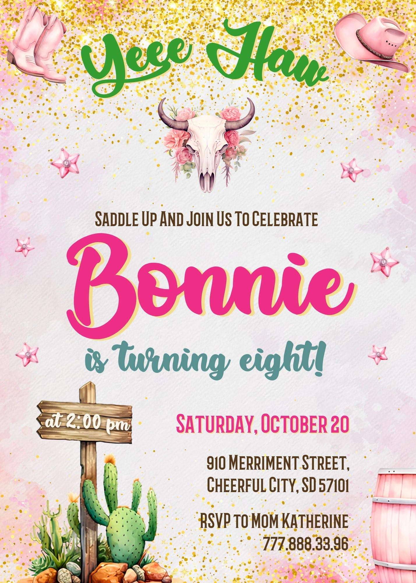 Cowgirl Pink Rodeo customizable invitation template | Share or Print | girl | PM082