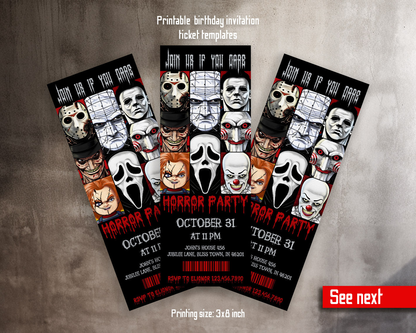 Horror Killer Movie Party Ticket customizable invitation template | Share or Print |  | KF698