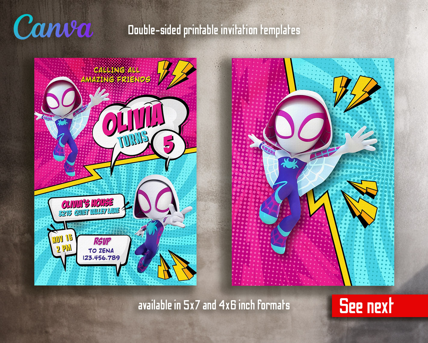 Spider Gwen Ghost Spidey  customizable invitation template | Share or Print | girl | OK446