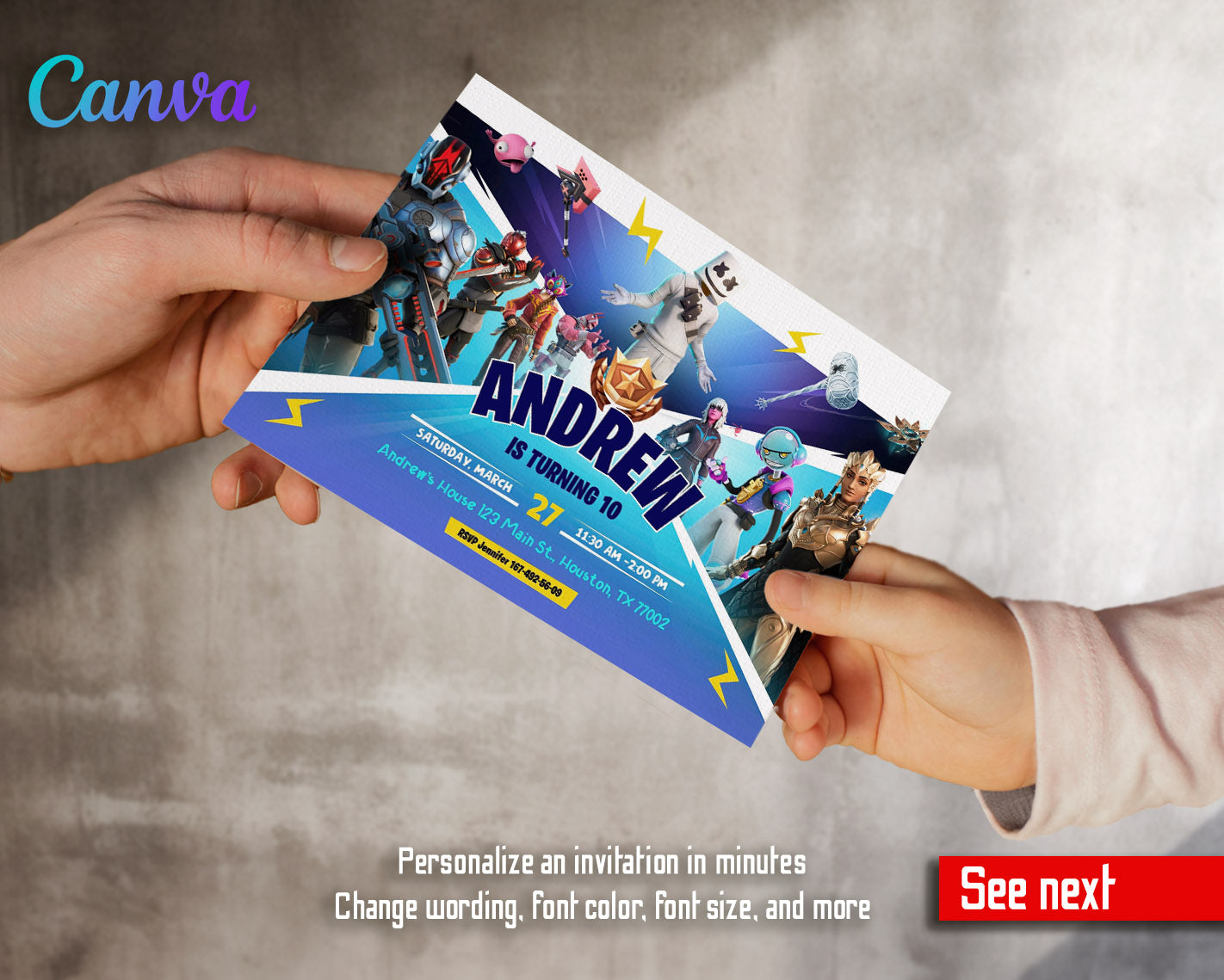 Fortnite gamer   customizable invitation template | Share or Print | boy | LA340