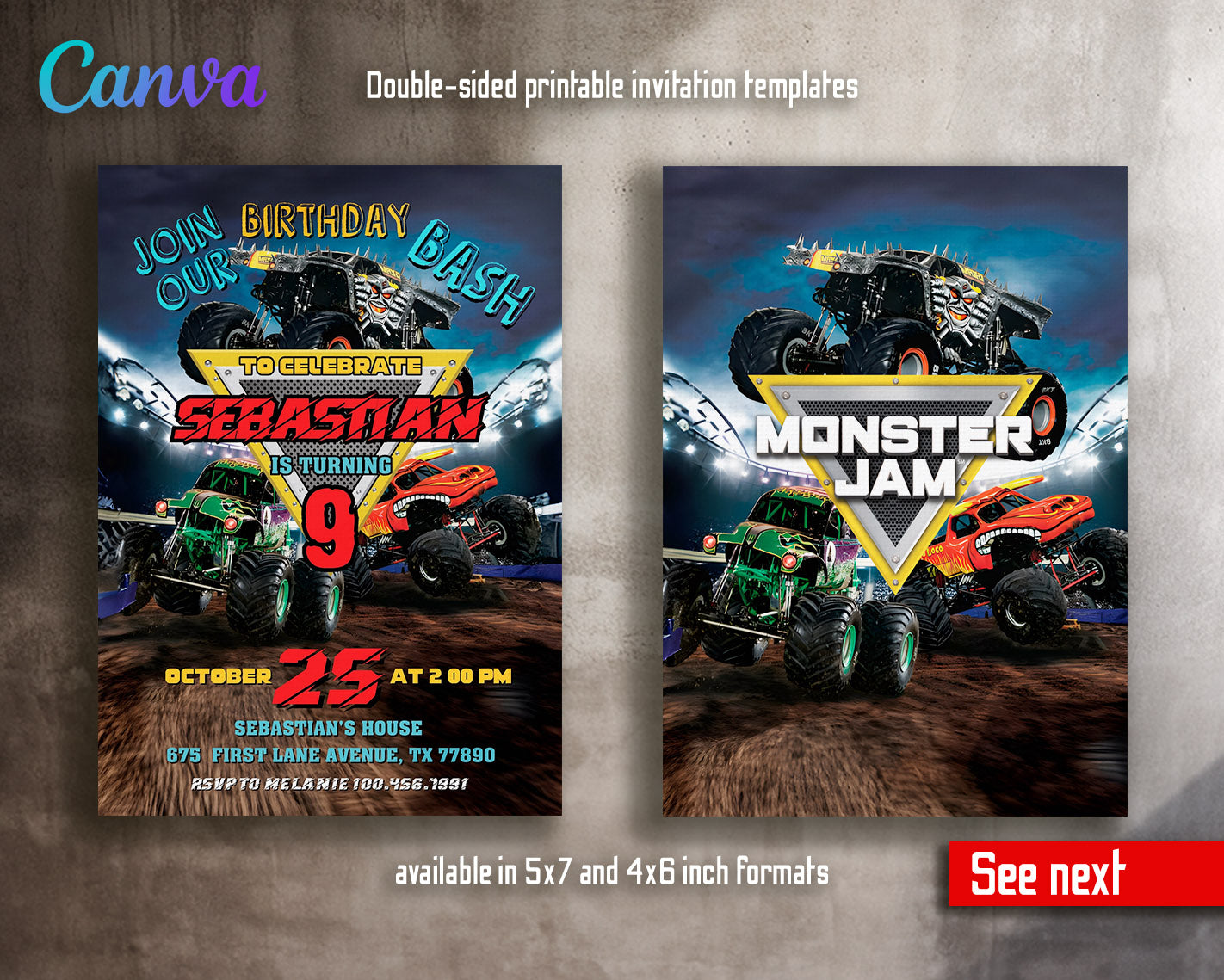 Monster Jam Monster Truck customizable invitation template | Share or Print | boy | TL203