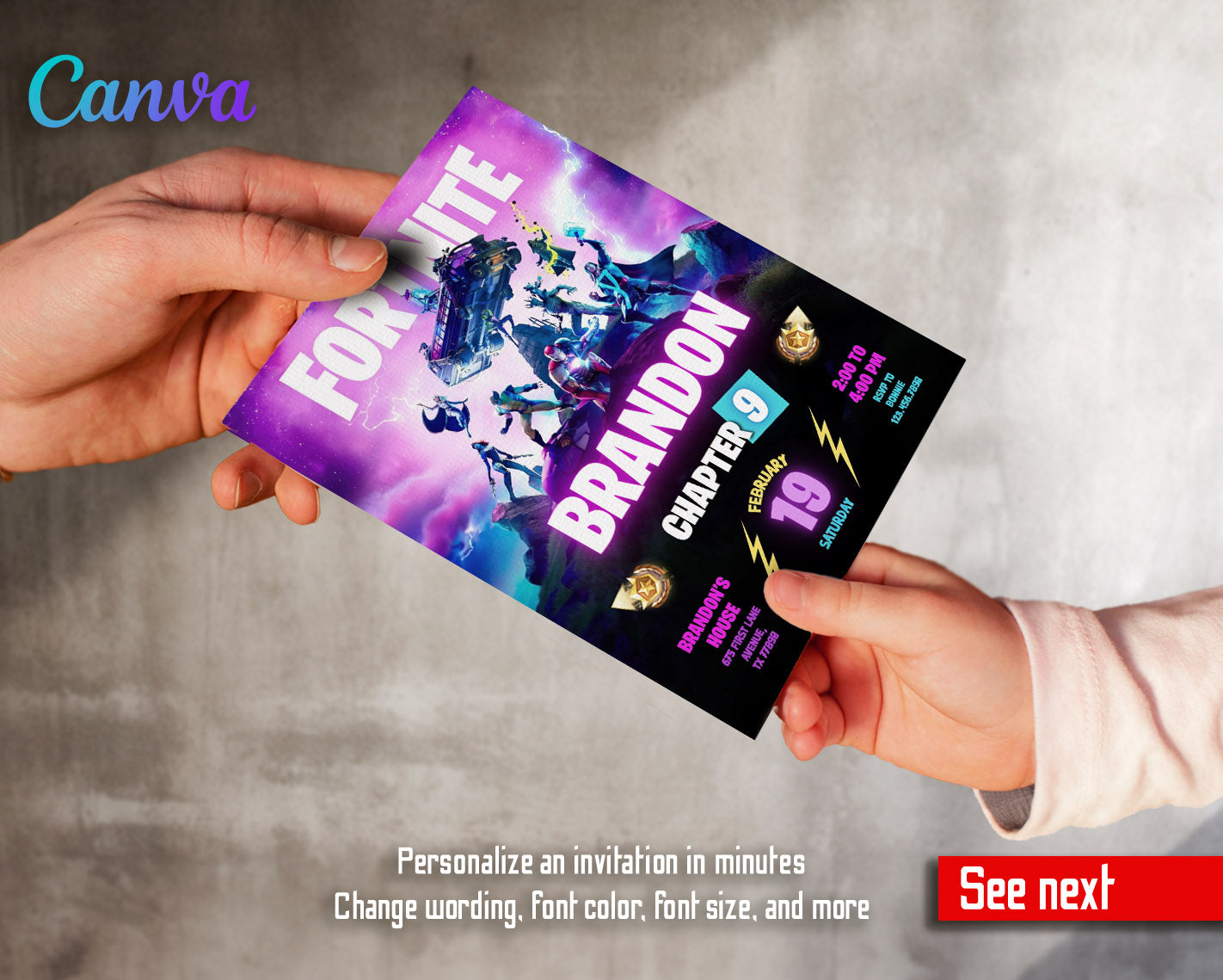 Fortnite gamer customizable invitation template | Share or Print | boy | PO776