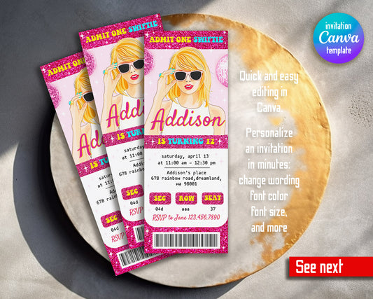 Taylor Swift Eras Tour Ticket customizable invitation template | Share or Print | girl | MT122