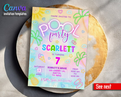 Neon Pool Party customizable invitation template | Share or Print | girl | QB871