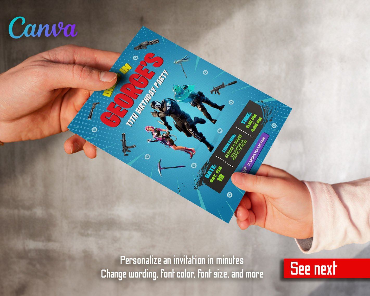 Fortnite gamer customizable invitation template | Share or Print | boy | JG420