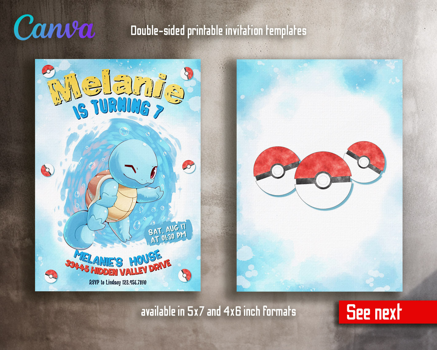 Squirtle Pokemon Anime customizable invitation template | Share or Print |  | DT061