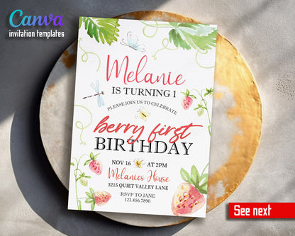 Berry First Birthday customizable invitation template | Share or Print | girl | MA185