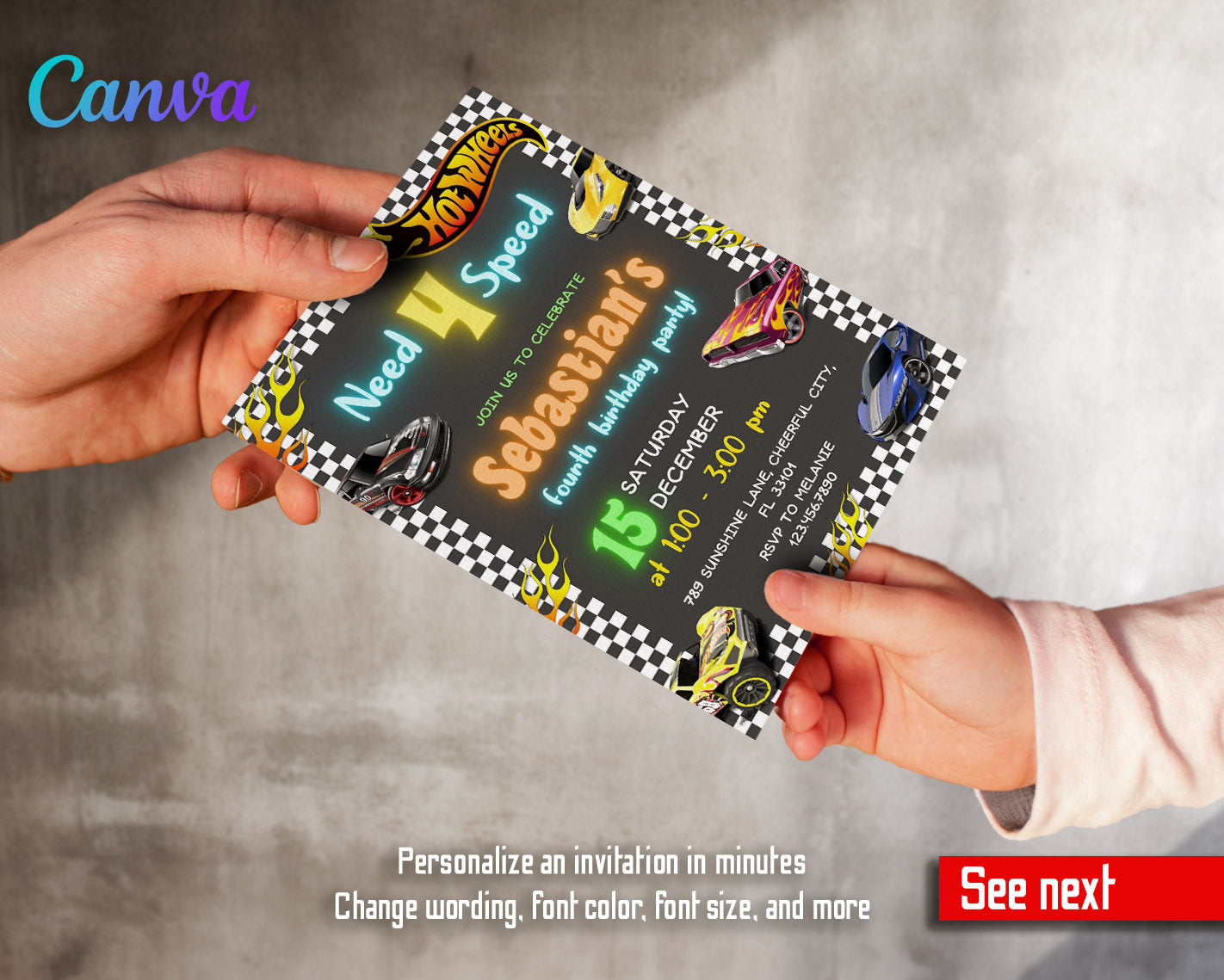 Hot Wheels Need Four Speed  customizable invitation template | Share or Print | boy | AS284