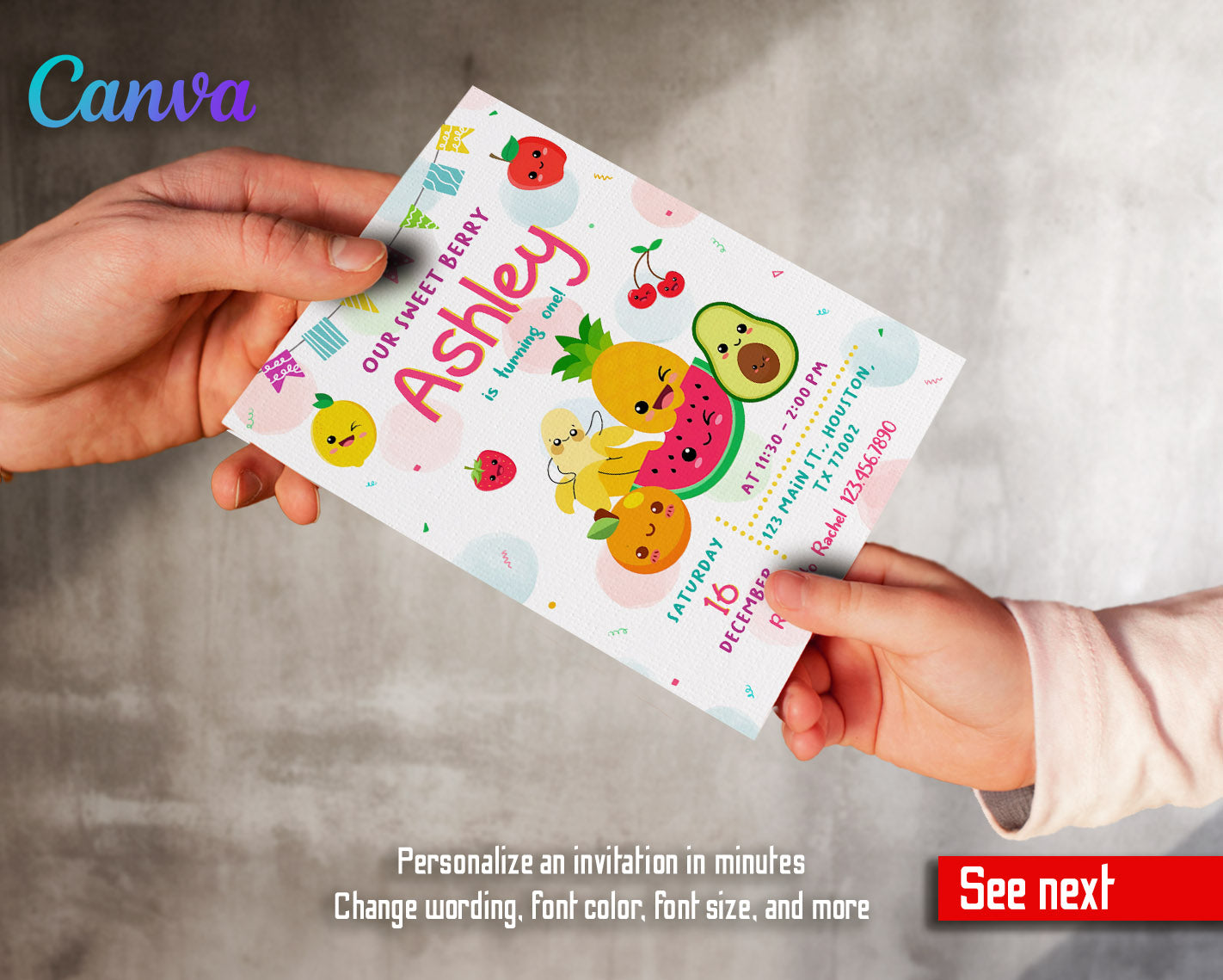 Hey Bear Sensory Dancing Fruits customizable invitation template | Share or Print |  | YV896