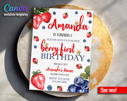 Berry First Birthday customizable invitation template | Share or Print | girl | GZ257