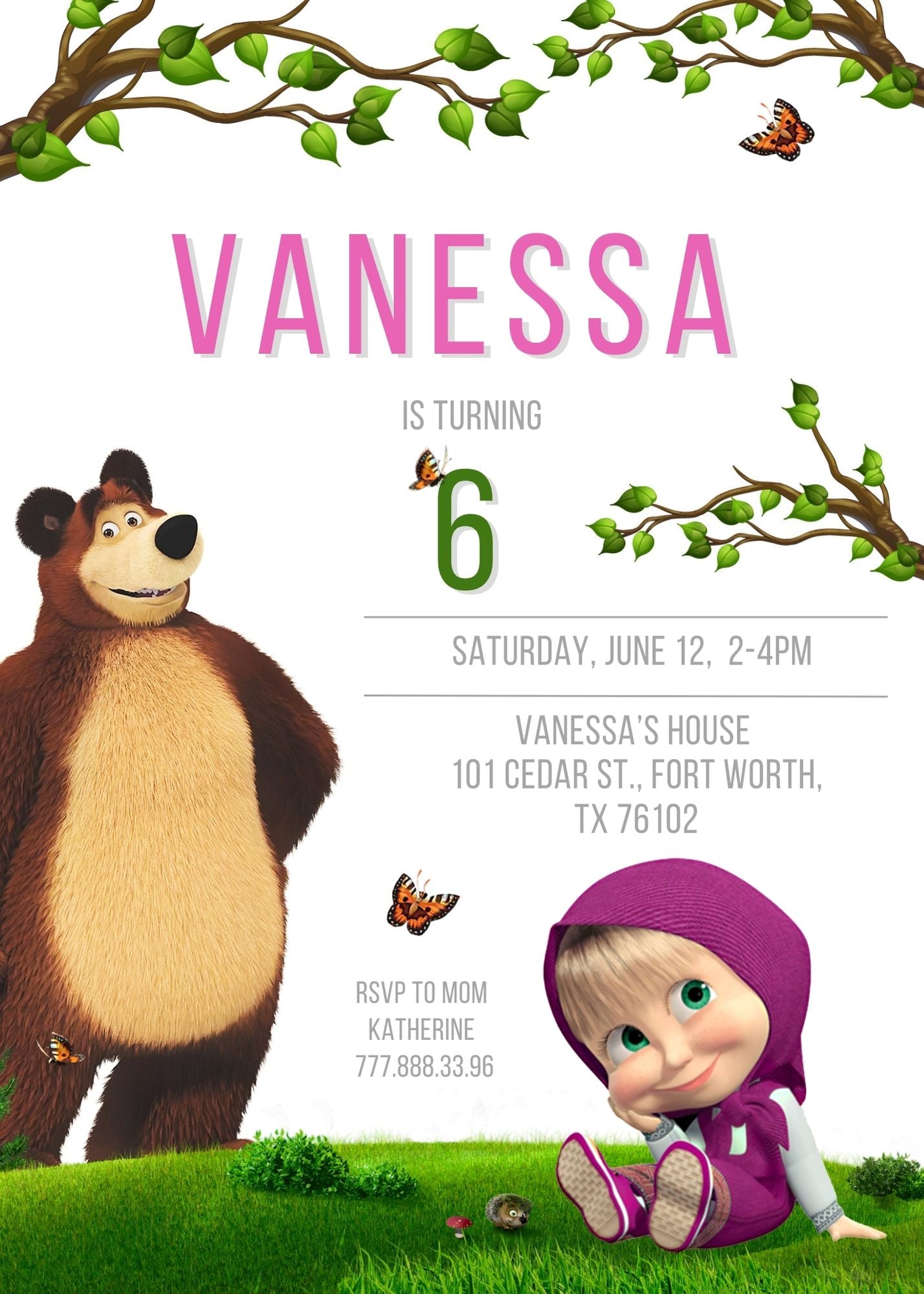 Masha and Bear customizable invite template girl | instant download | Share or Print | ZA196