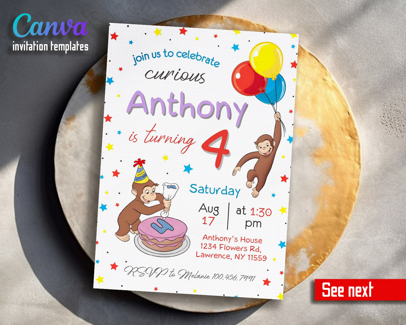 Curious George Monkey customizable invitation template | Share or Print |  | FK325