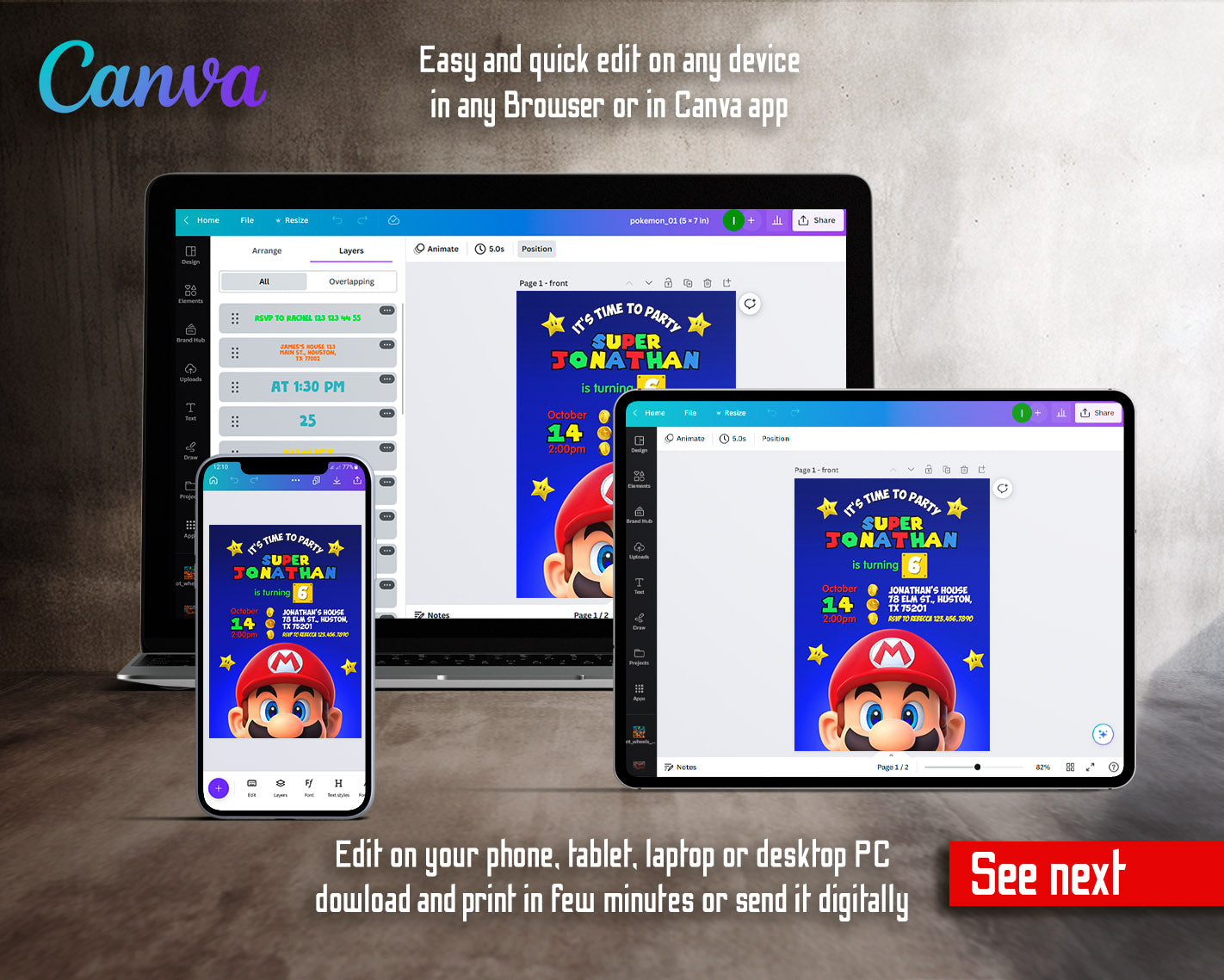 Super Mario Bros  customizable invitation template | Share or Print |  | SN310