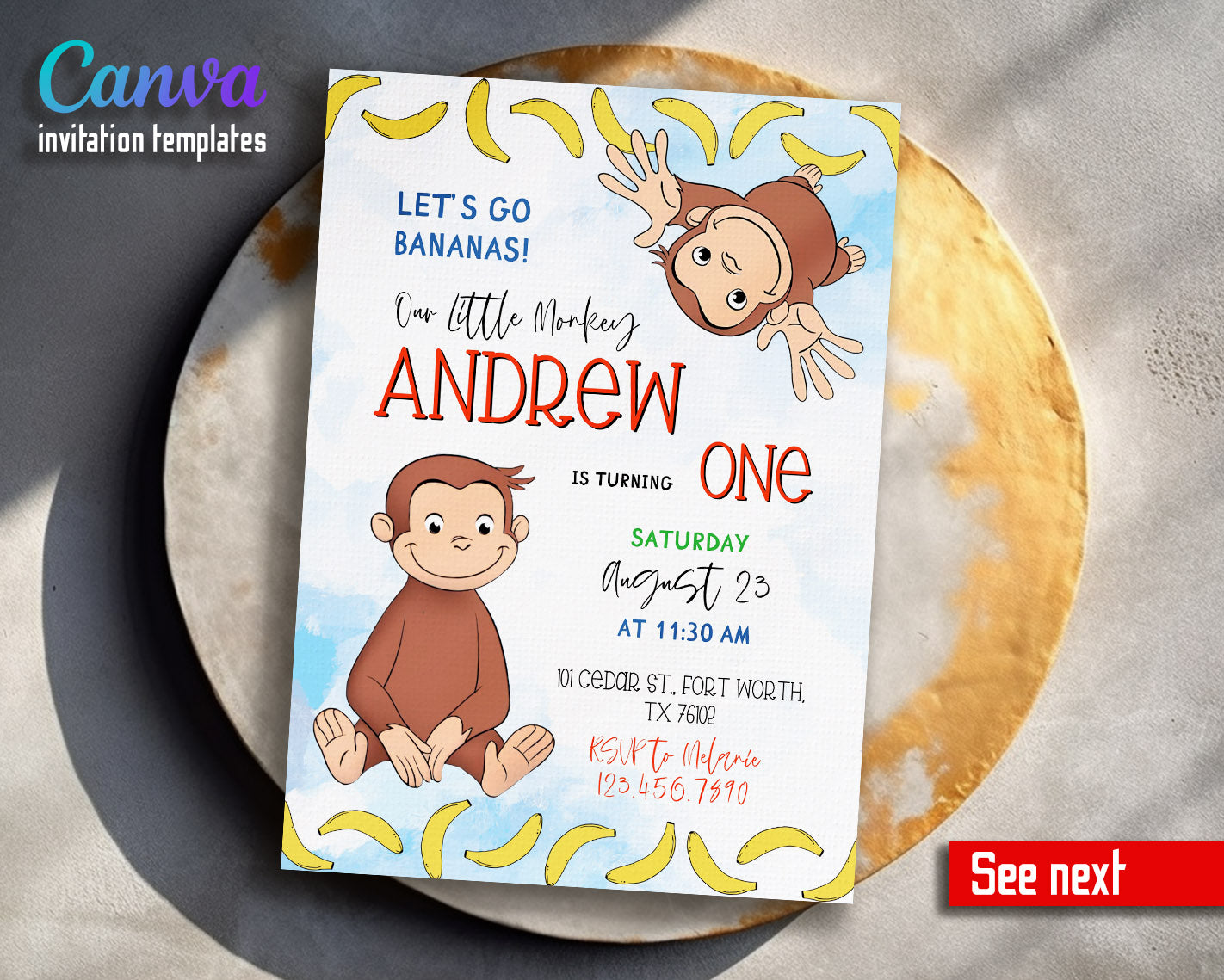 Curious George Monkey customizable invitation template | Share or Print |  | XU977