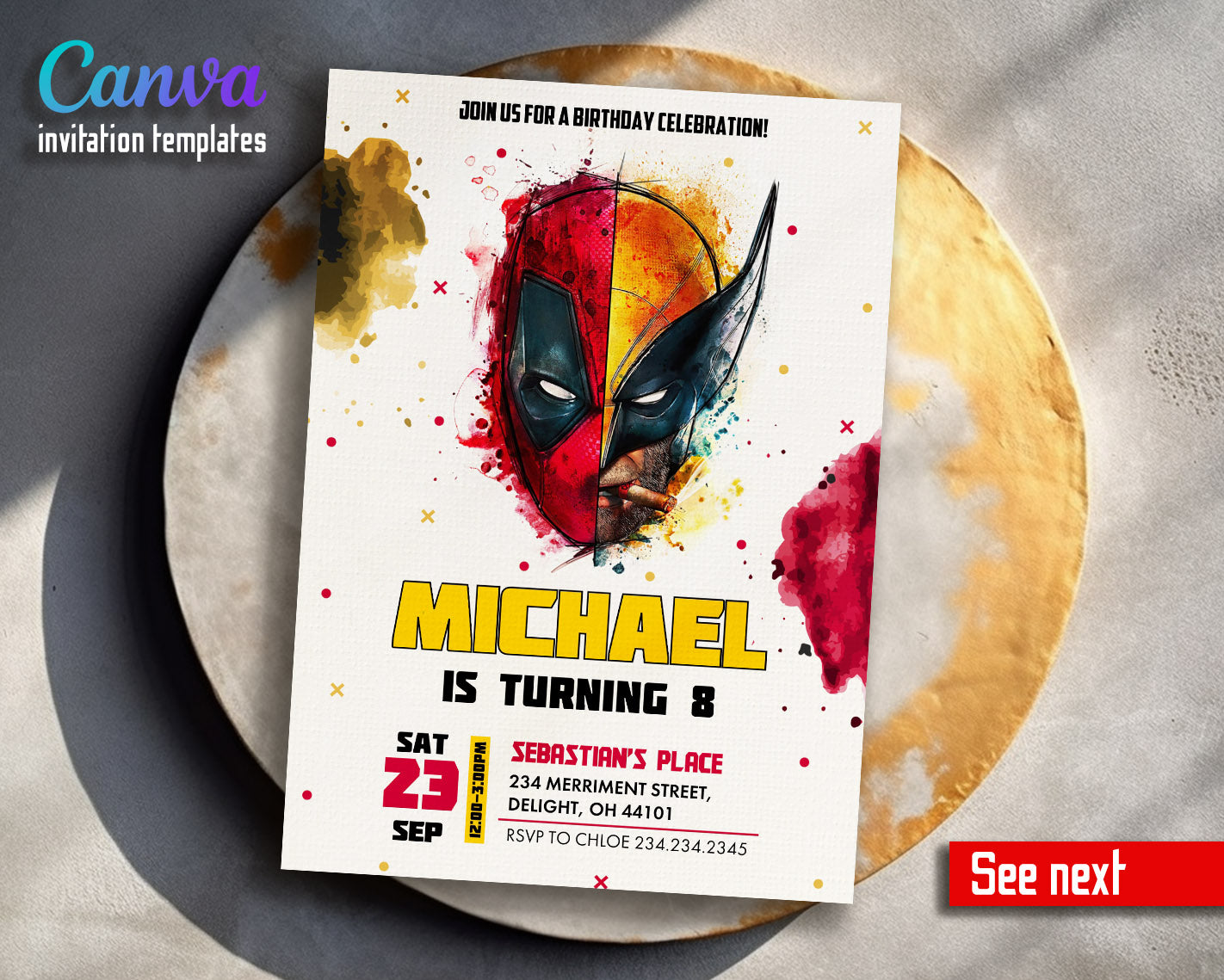 Deadpool Wolverine Marvel  customizable invitation template | Share or Print | boy | BS600