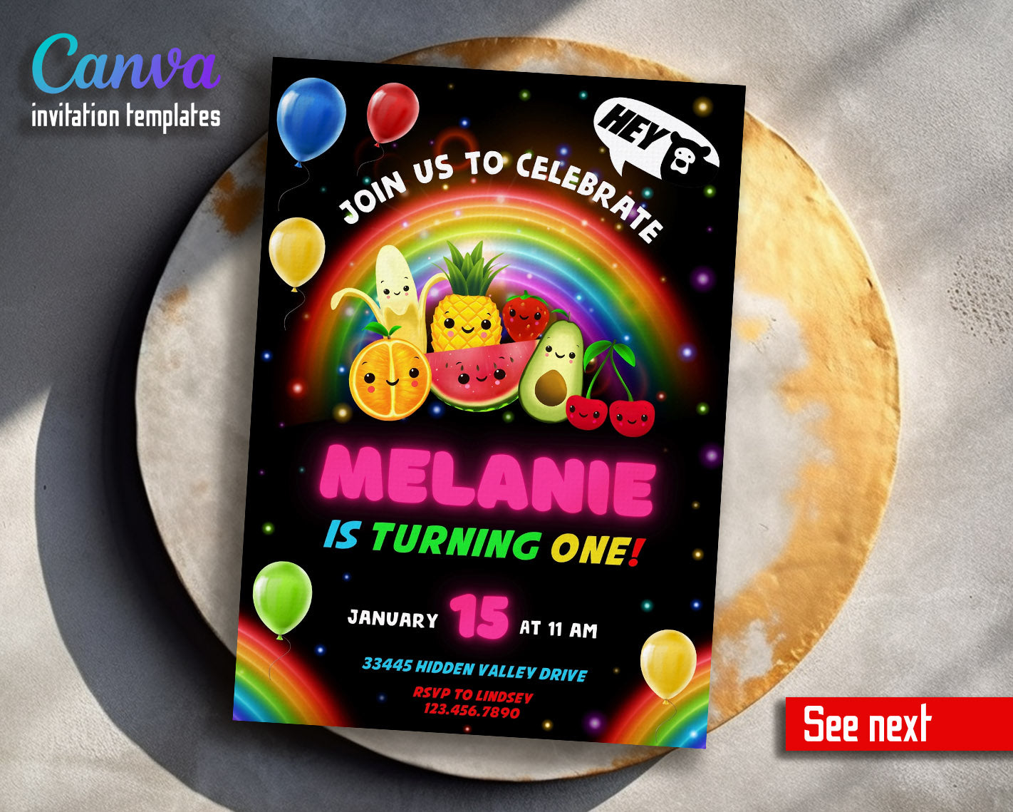 Hey Bear Sensory Dancing Fruits customizable invitation template | Share or Print |  | EM115