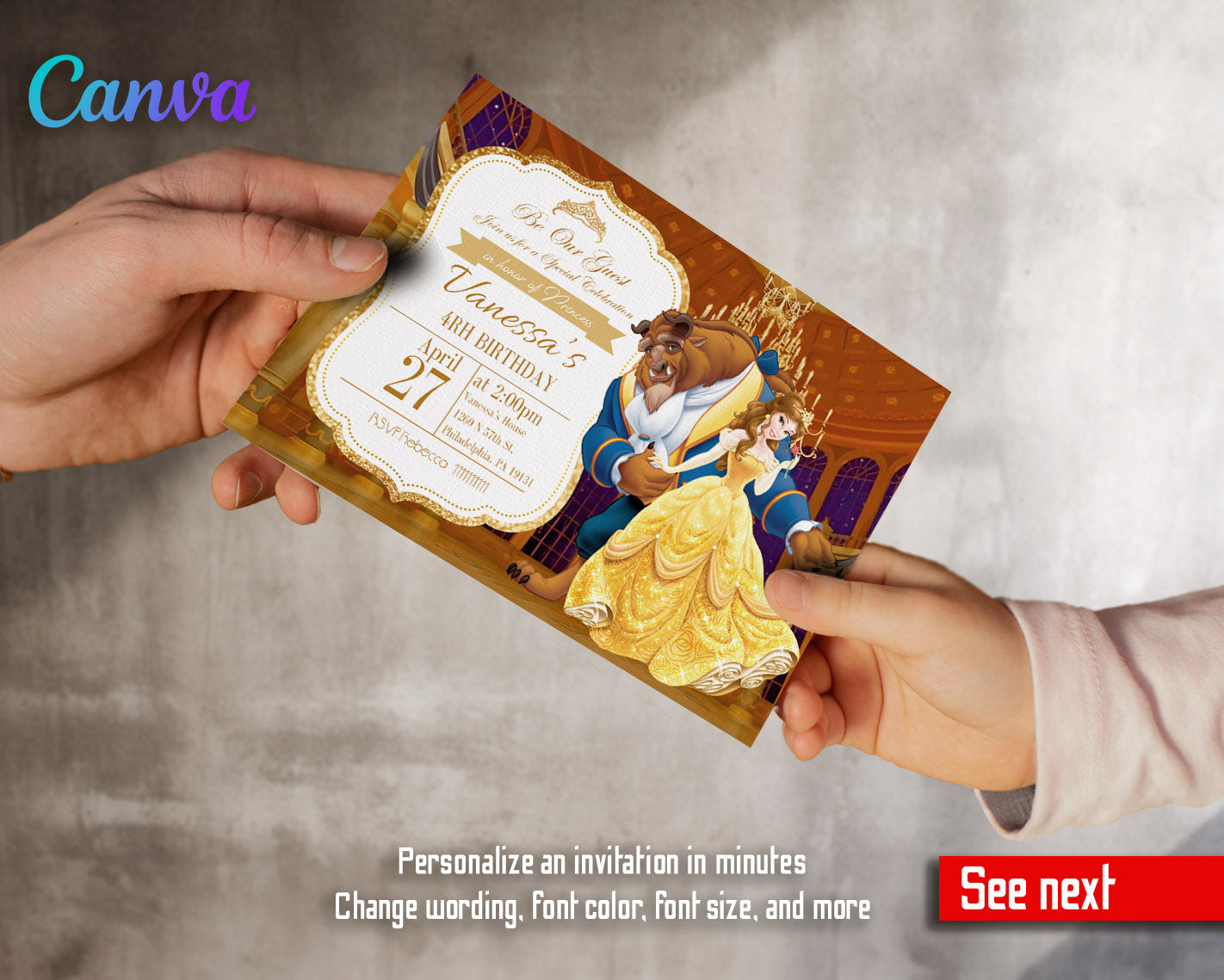 Belle Beauty And The Beast customizable invitation template | Share or Print | girl | HX973