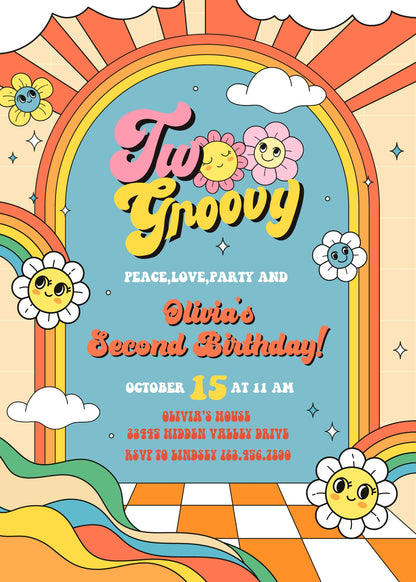 Groovy Second Birthday customizable invitation template | Share or Print |  | AK226