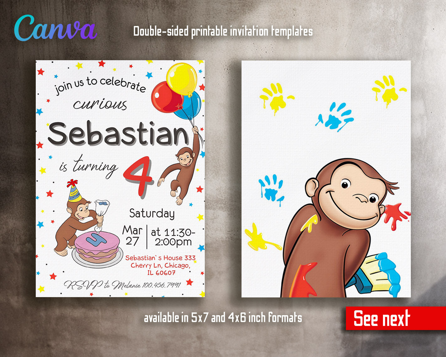 Curious George Monkey customizable invitation template | Share or Print |  | KR865