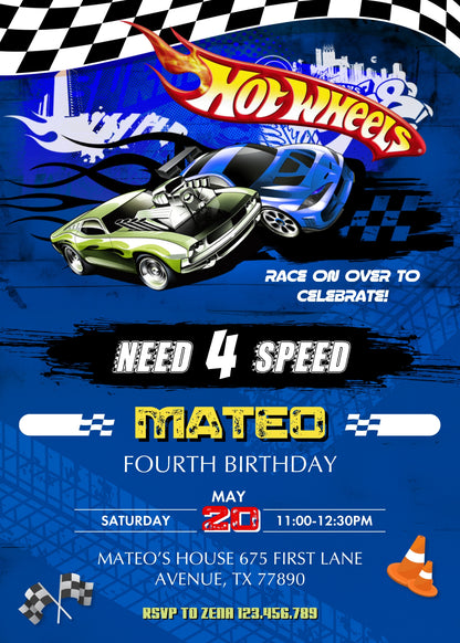 Hot Wheels Need Four Speed customizable invitation template | Share or Print | boy | MY533