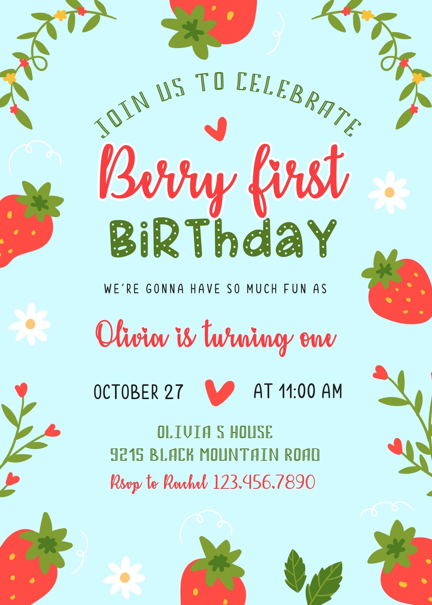 Berry First Birthday customizable invitation template | Share or Print | girl | IE231