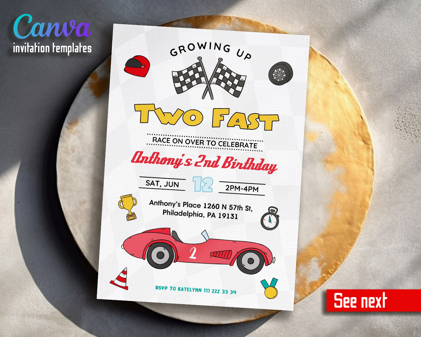 Race Car 2nd Bday Watercolor customizable invitation template | Share or Print | boy | LZ888