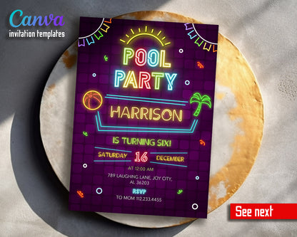 Neon Pool Party customizable invitation template | Share or Print | boy | GL299