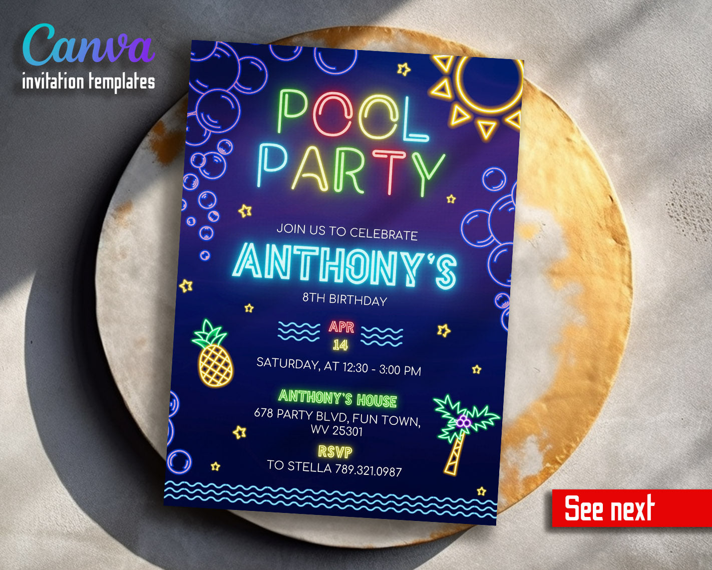 Neon Pool Party customizable invitation template | Share or Print | boy | KW484