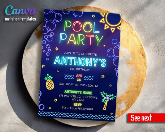 Neon Pool Party customizable invitation template | Share or Print | boy | KW484