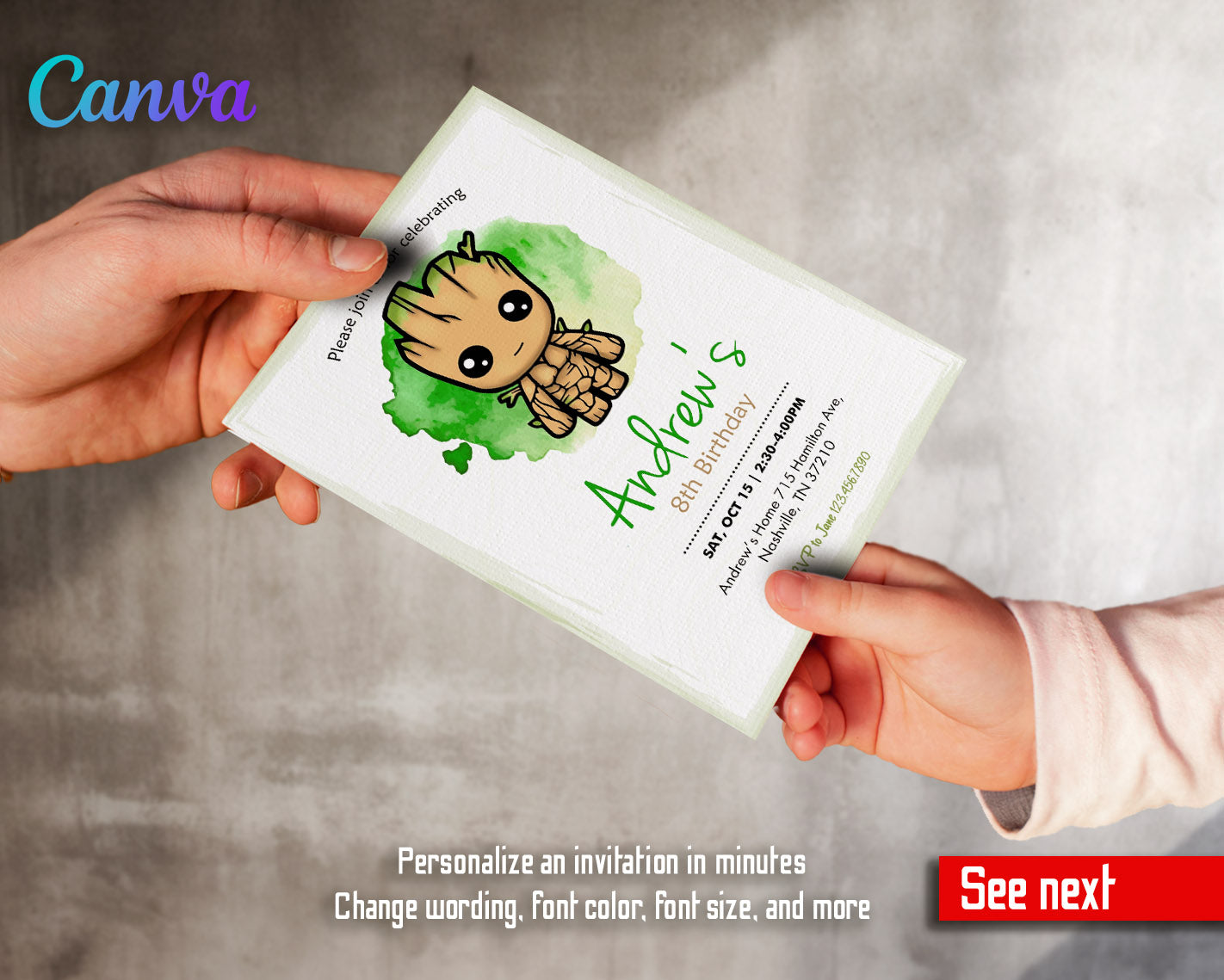 Groot Guardians of the Galaxy Superhero customizable invitation template | Share or Print |  | NZ922