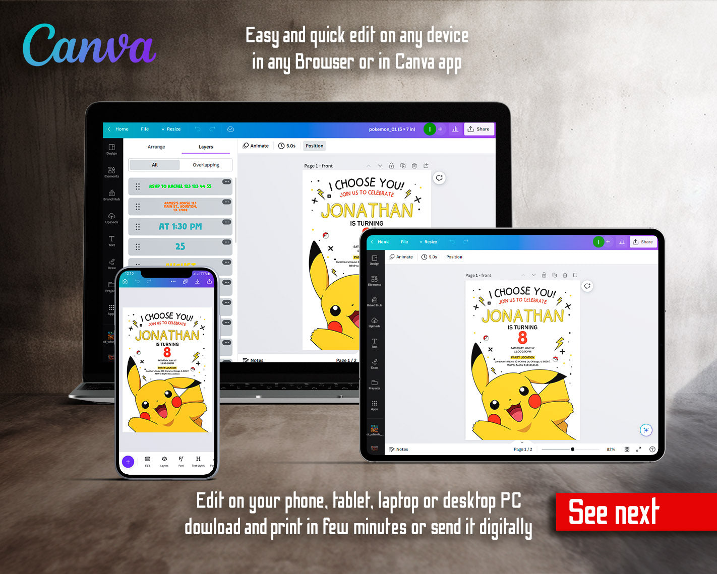 Pokemon Pikachu  customizable invitation template | Share or Print |  | QI435