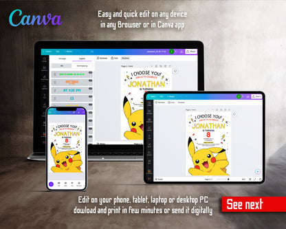 Pokemon Pikachu  customizable invitation template | Share or Print |  | QI435