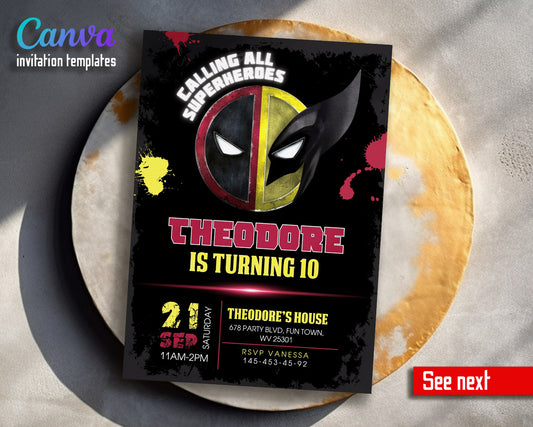 Deadpool Wolverine Marvel customizable invitation template | Share or Print | boy | AO192