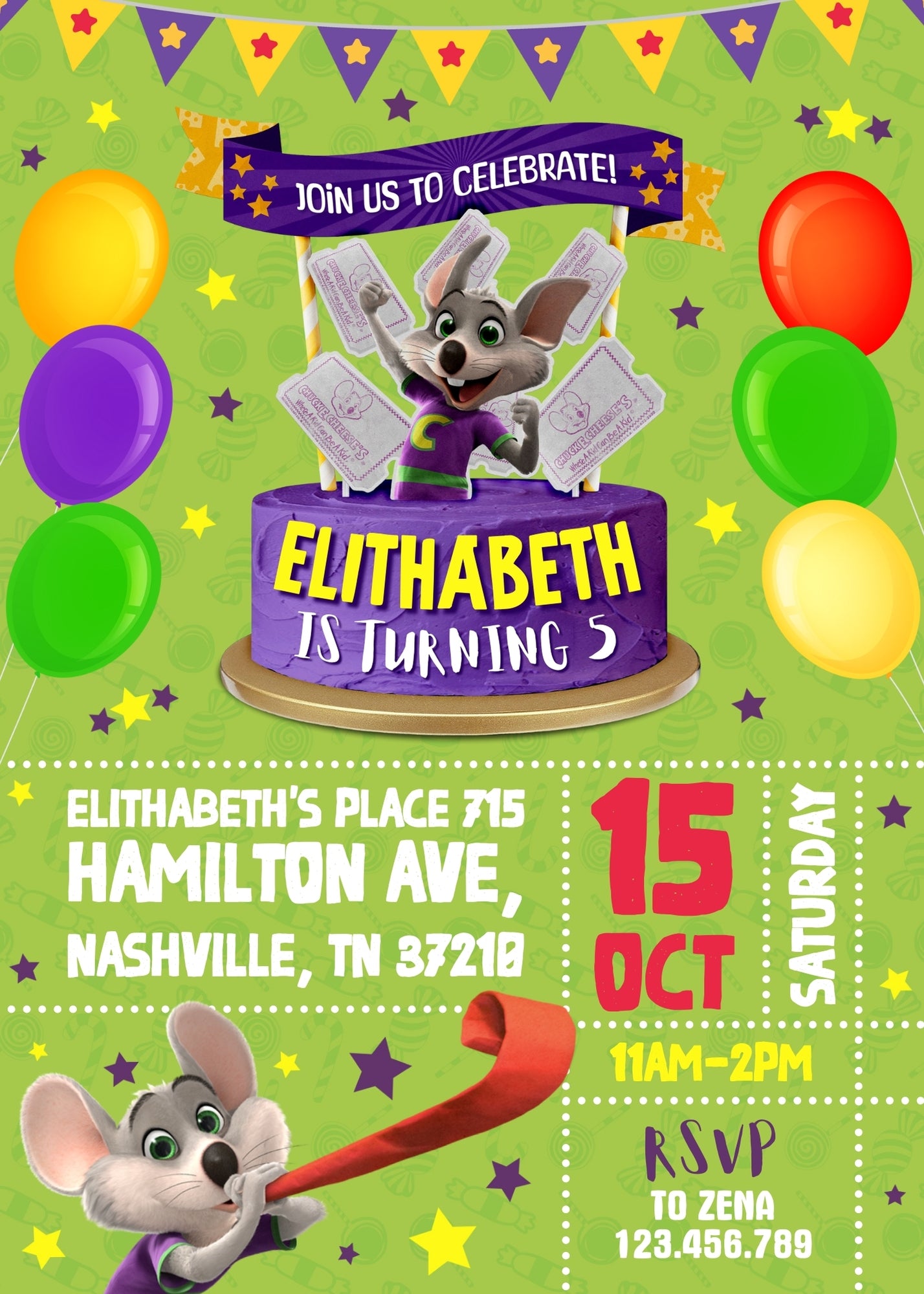 Chuck E. Cheese customizable invitation template | Share or Print |  | SL884